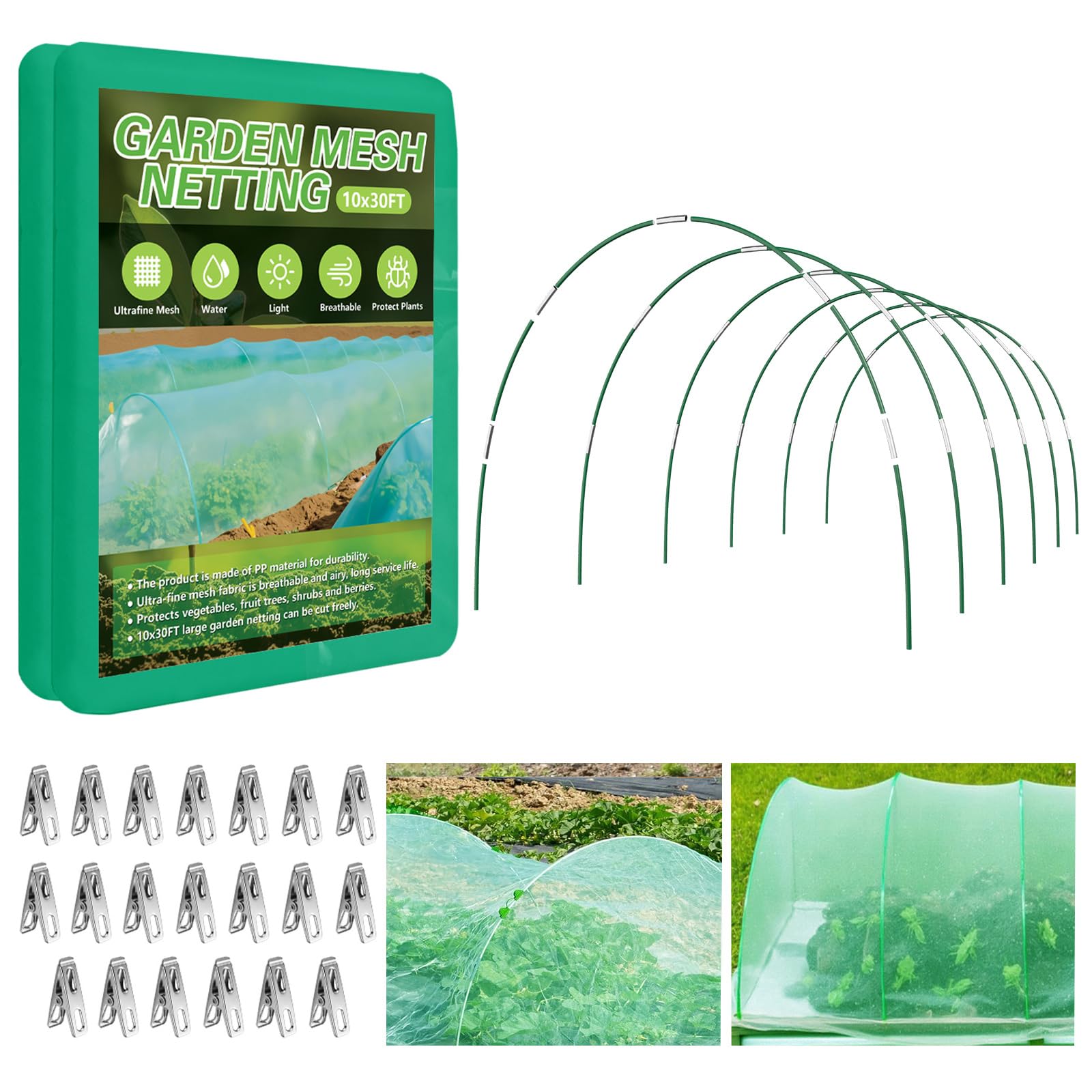 Monirsen Garden Netting Kit 10x30FT with clips and hoops