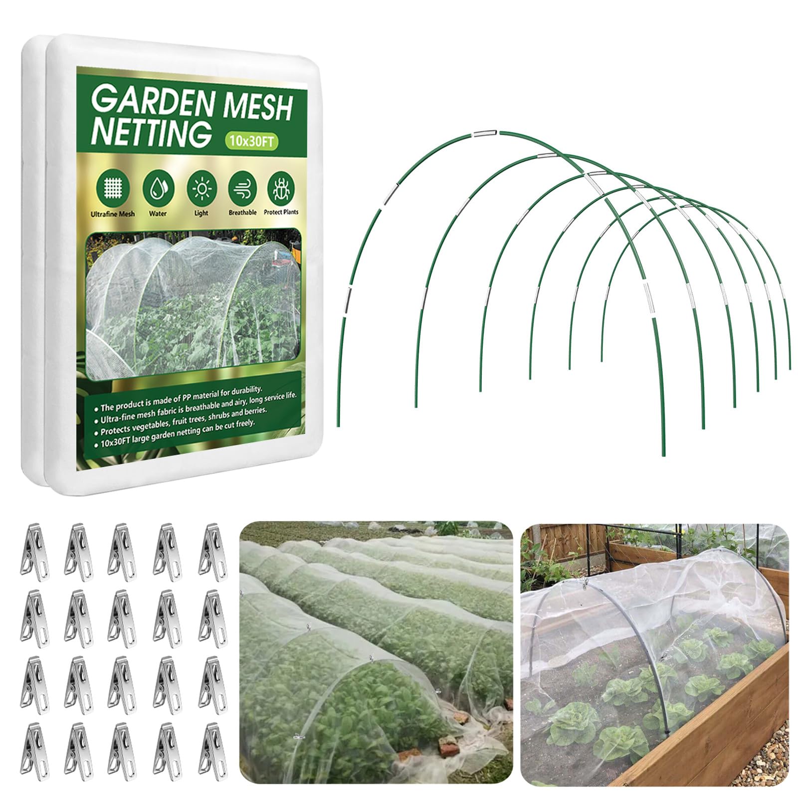 Monirsen Garden Netting Kit 10x30FT with fiberglass hoops