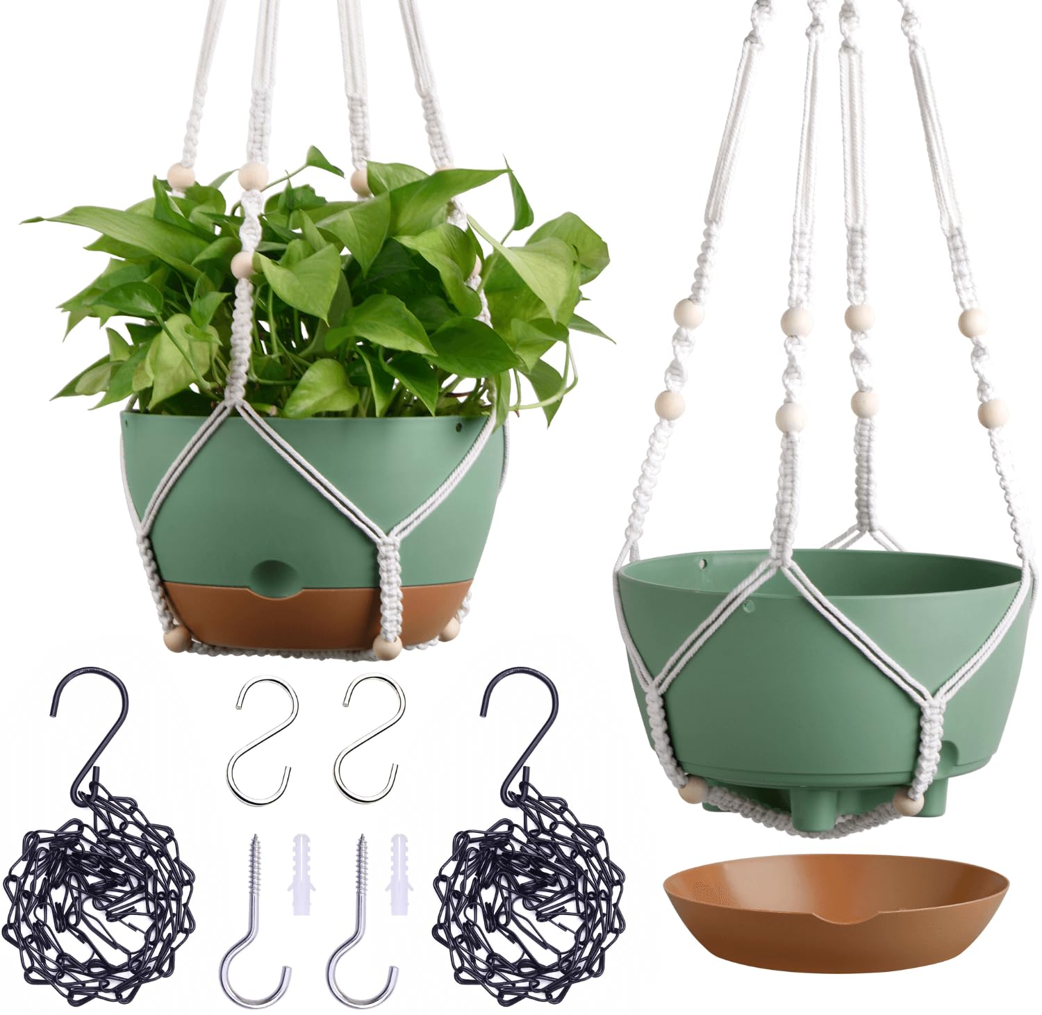 montresor 8 Inch Macrame Self Watering Hanging Planter front view, green