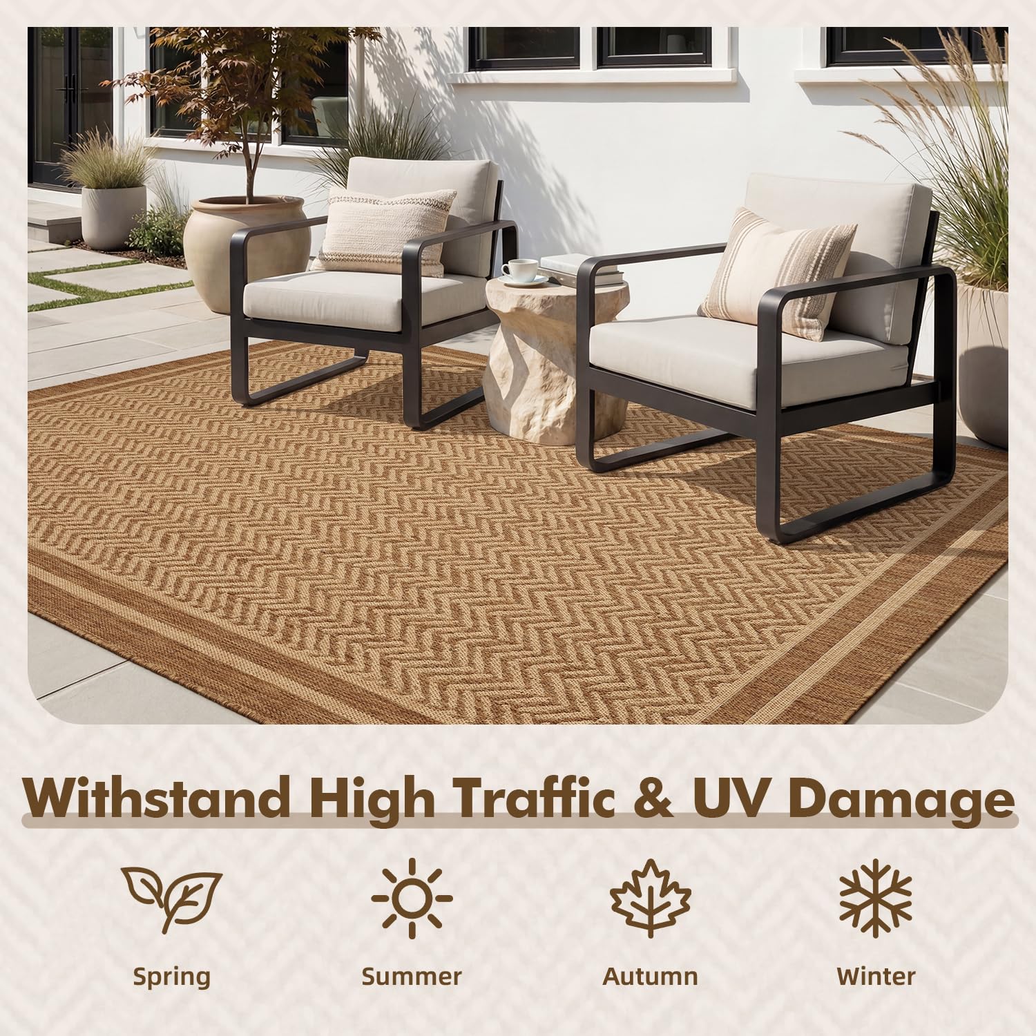 MontVoo Outdoor Rug 5' x 7' rolled out in a garden