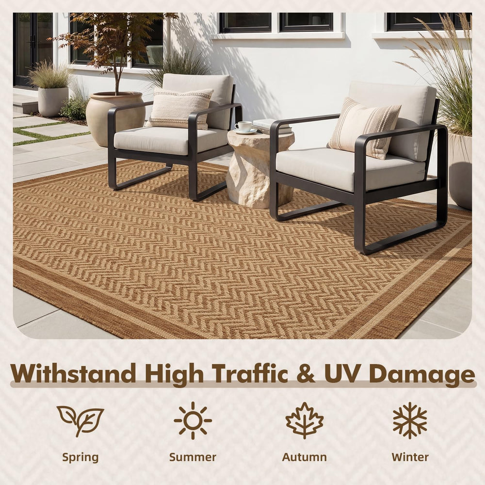 MontVoo Outdoor Rug 5' x 7' rolled out in a garden