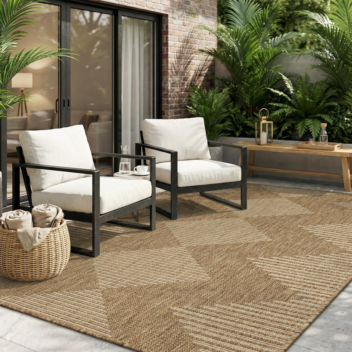 MontVoo Outdoor Rug 5x7 ft, brown beige geometric pattern front view
