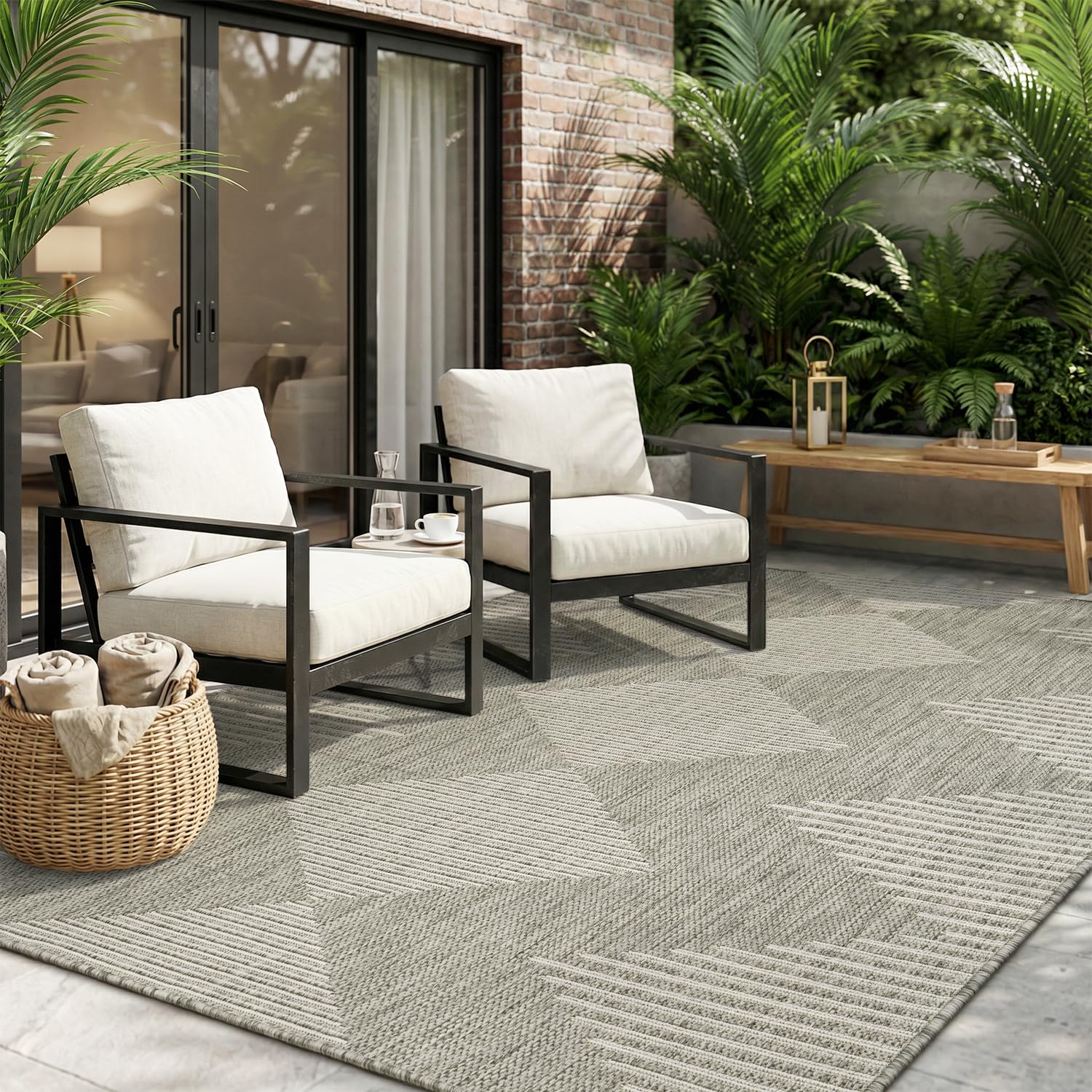 MontVoo Outdoor Rug 5x7 ft Grey Ivory front view