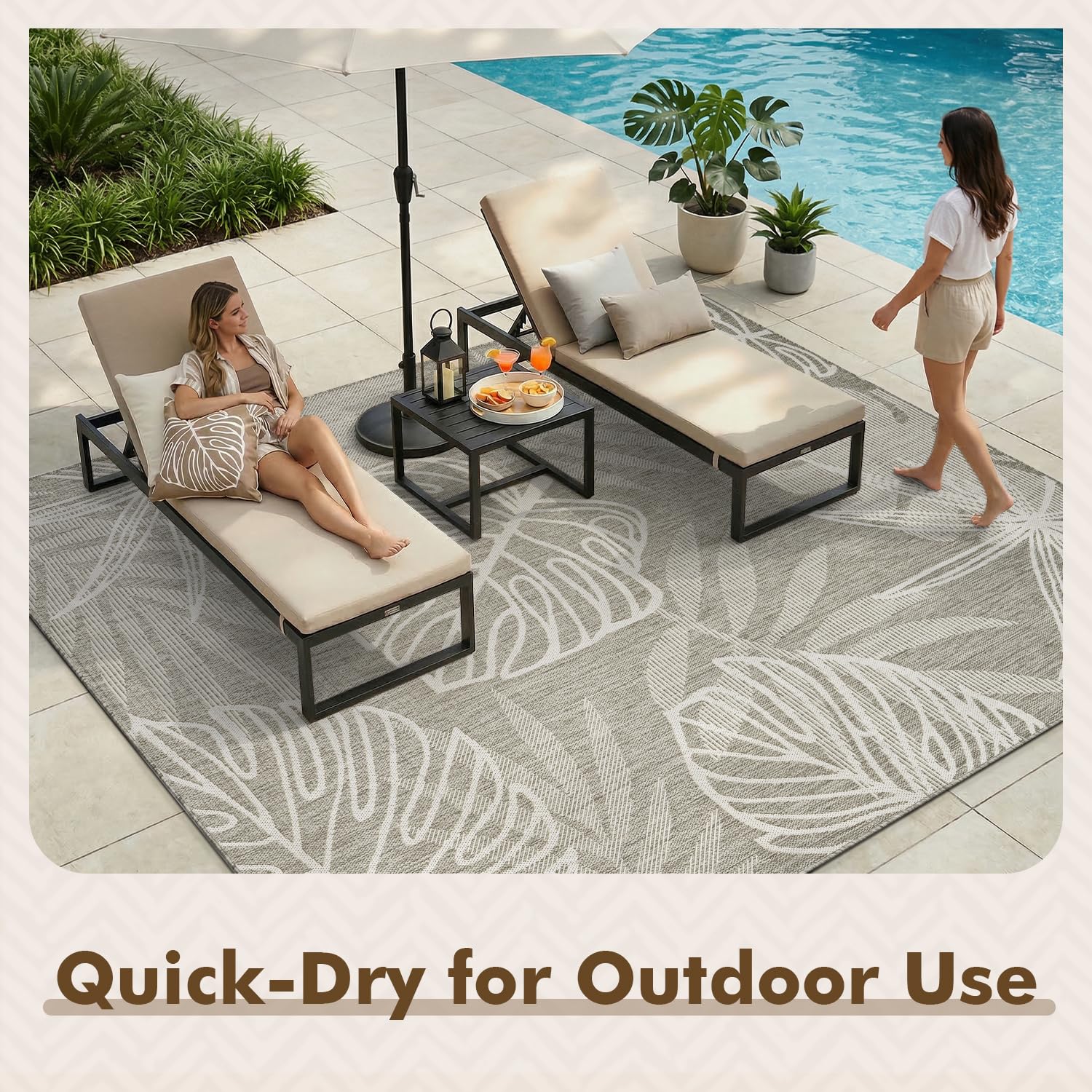 MontVoo Outdoor Rug 5x7 ft Tropical Grey with palm leaf design