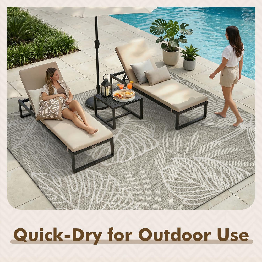 MontVoo Outdoor Rug 5x7 ft Tropical Grey with palm leaf design