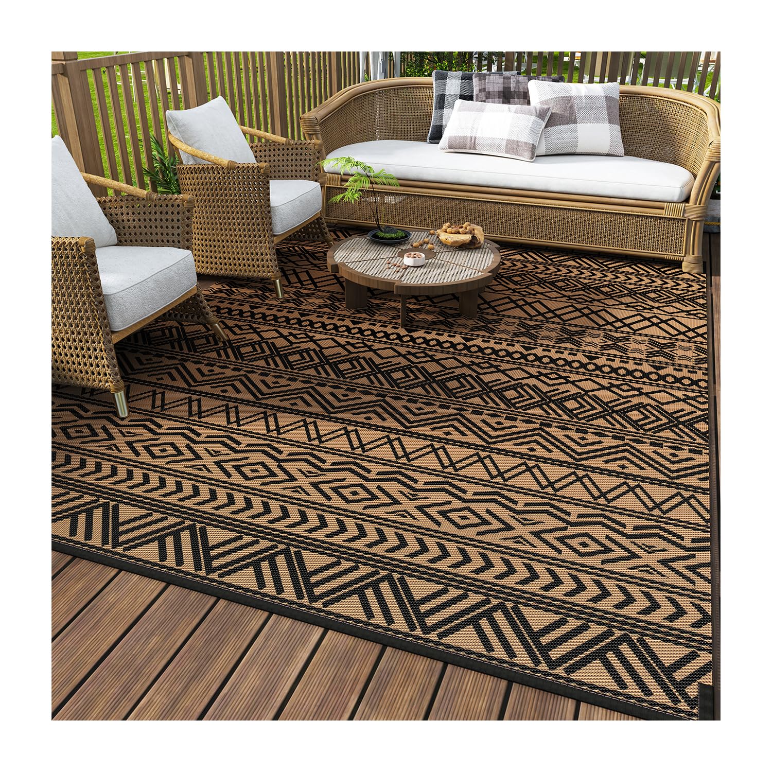 MontVoo Outdoor Rug 5x8 ft in black brown design front view