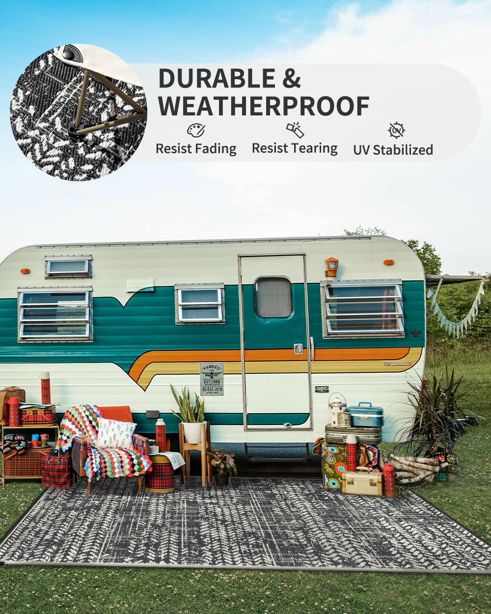 MontVoo Outdoor Rug 5x8 grey mat in camping setup