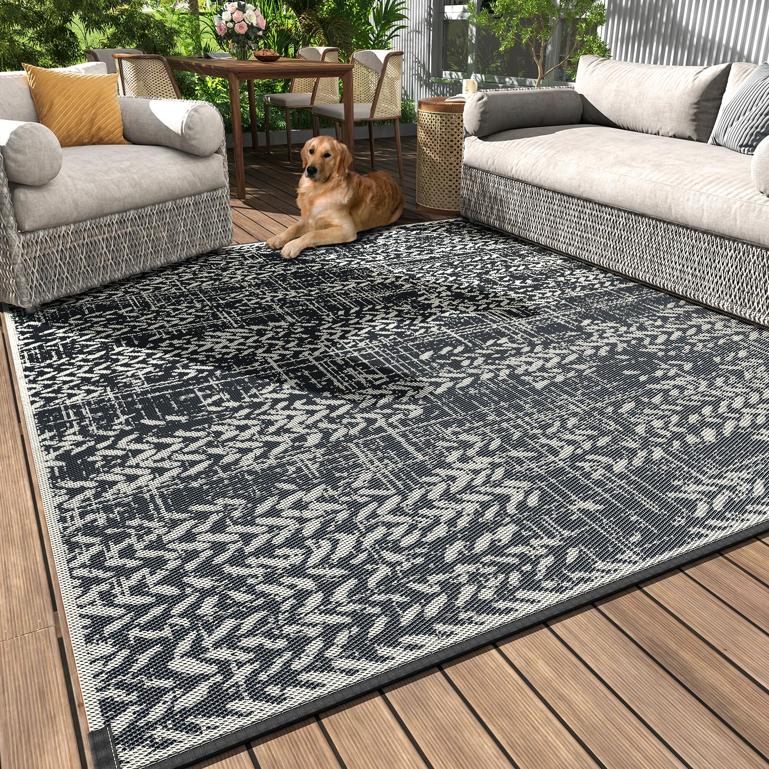 MontVoo Outdoor Rug 5x8 grey mat on patio