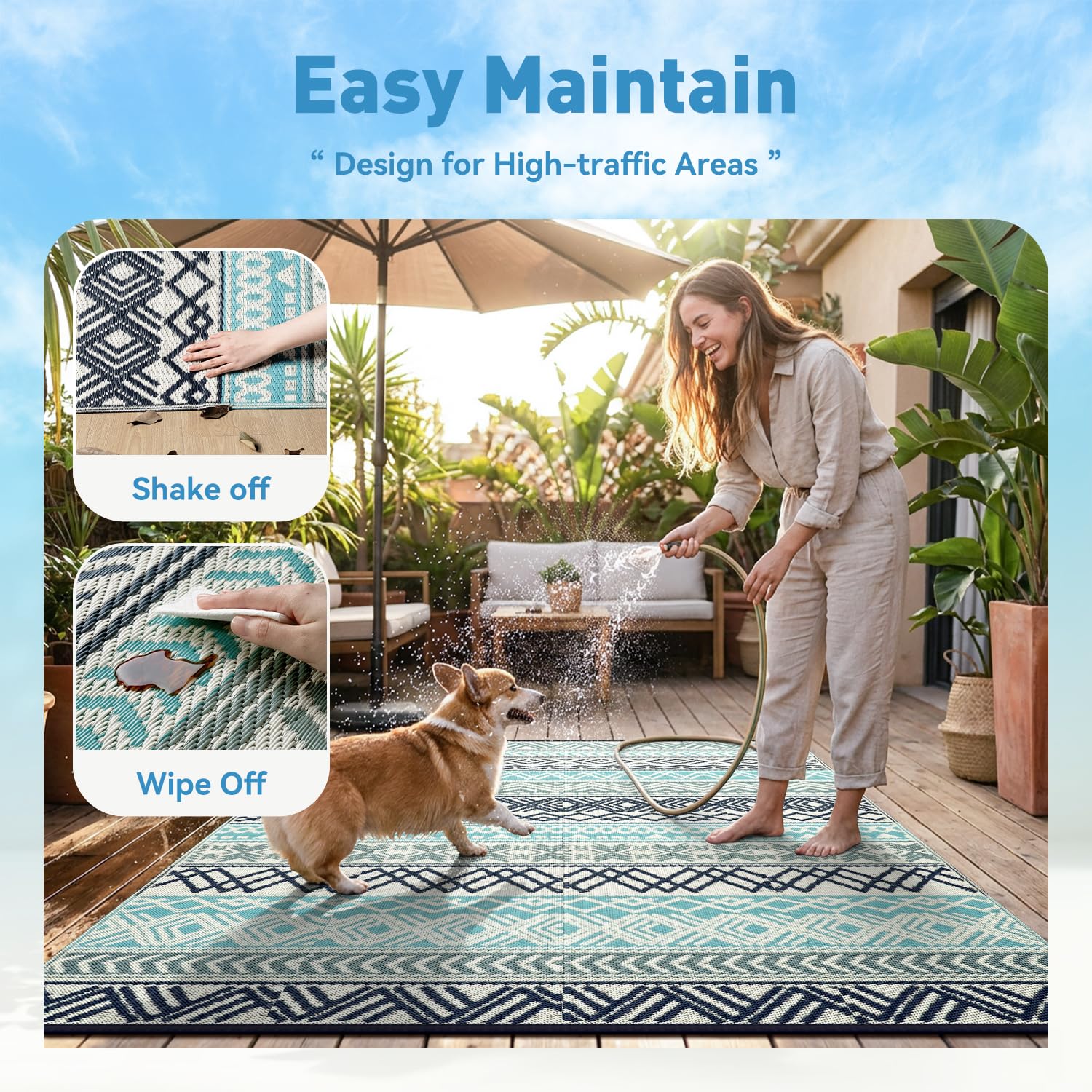 MontVoo Outdoor Rug 5x8 on a balcony with furniture