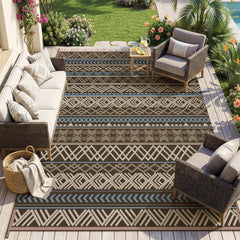 MontVoo Outdoor Rug 5x8 taupe and blue front view