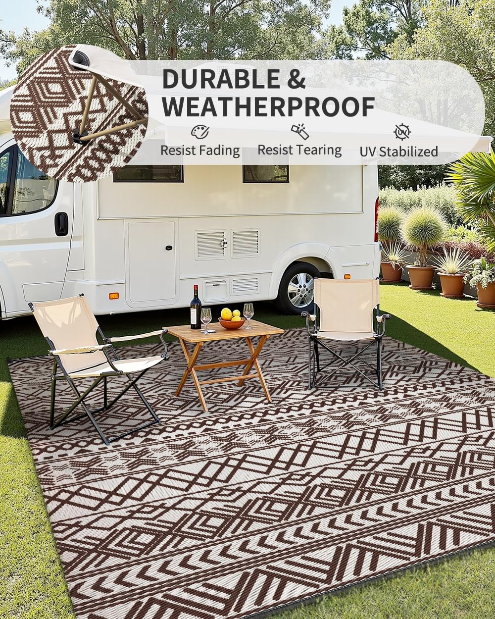 MontVoo Outdoor Rug 6' x 9' beige brown in outdoor setting