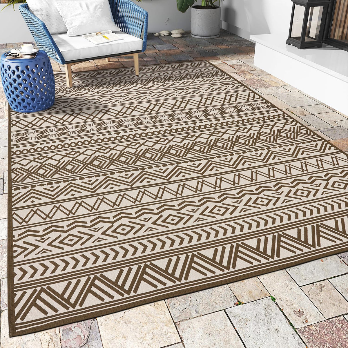 MontVoo Outdoor Rug 6x9 ft brown flatweave design front view