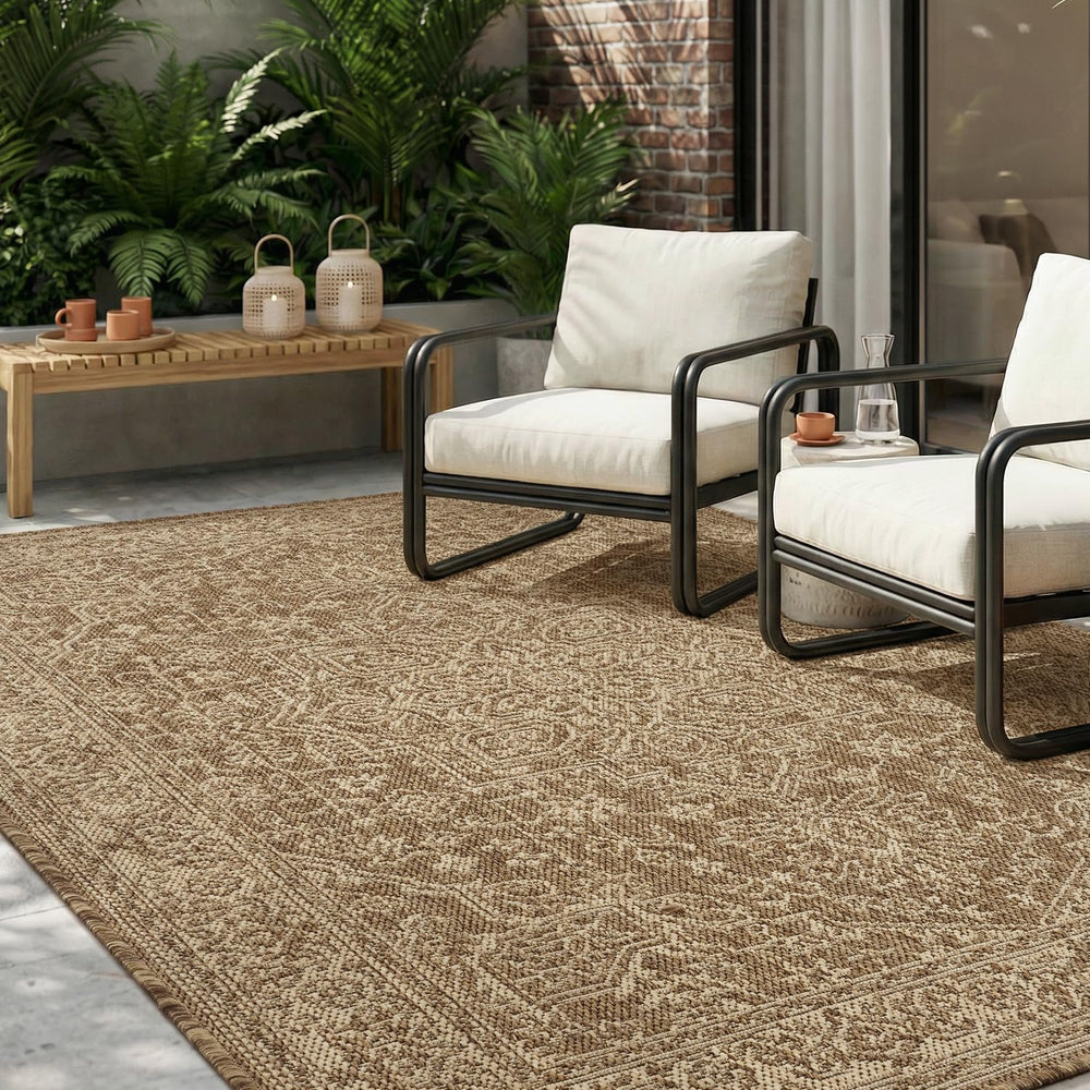 MontVoo Outdoor Rug 6x9 ft front view vintage medallion design in brown beige