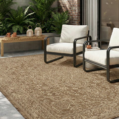 MontVoo Outdoor Rug 6x9 ft front view vintage medallion design in brown beige