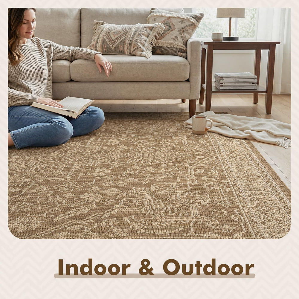 MontVoo Outdoor Rug 6x9 ft laid out on patio with outdoor furniture