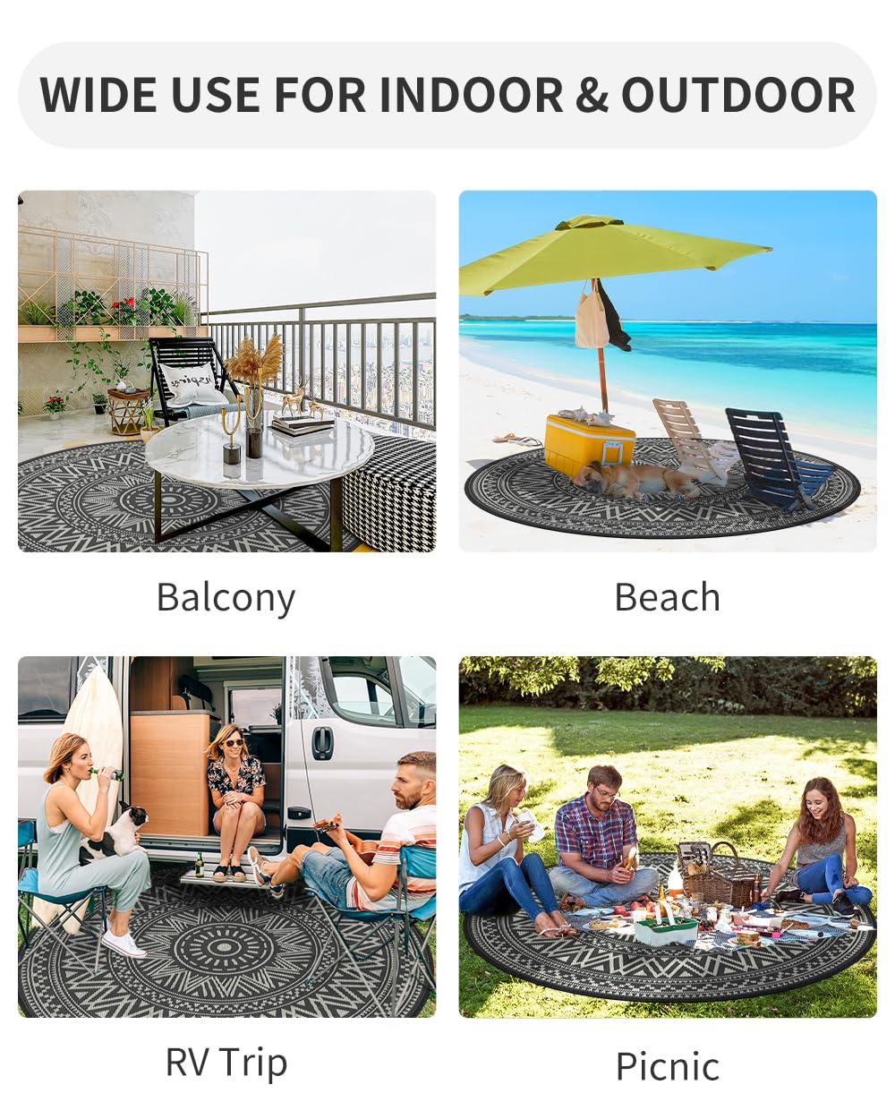 MontVoo Outdoor Rug 8ft Round Grey, folded for portability