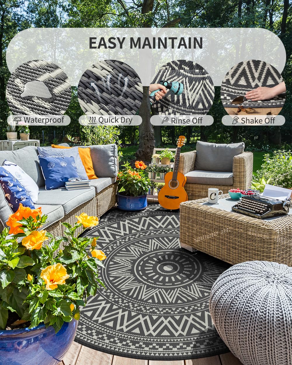 MontVoo Outdoor Rug 8ft Round Grey, on a patio setting
