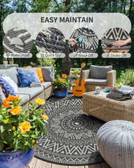 MontVoo Outdoor Rug 8ft Round Grey, on a patio setting
