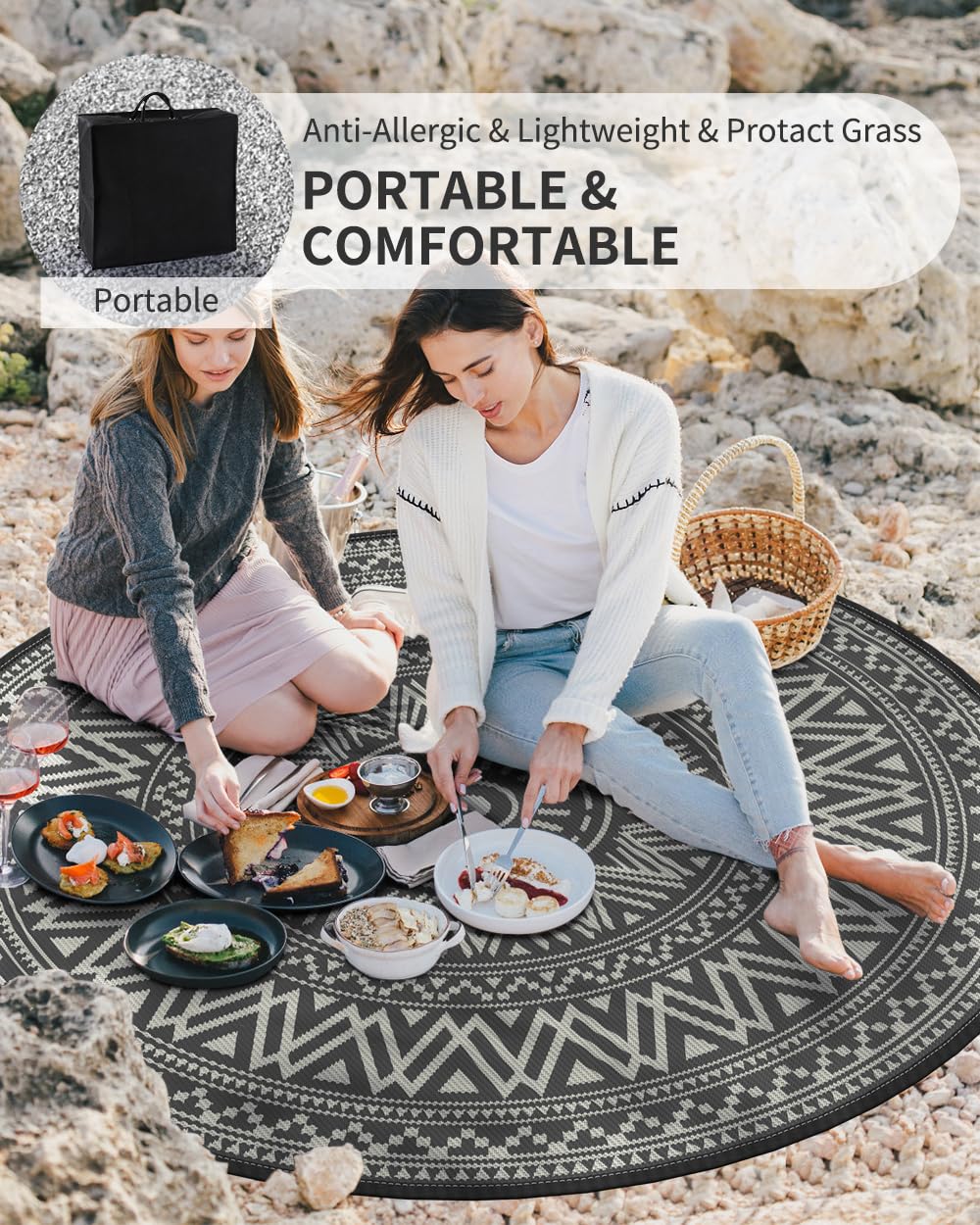 MontVoo Outdoor Rug 8ft Round Grey, with stakes included