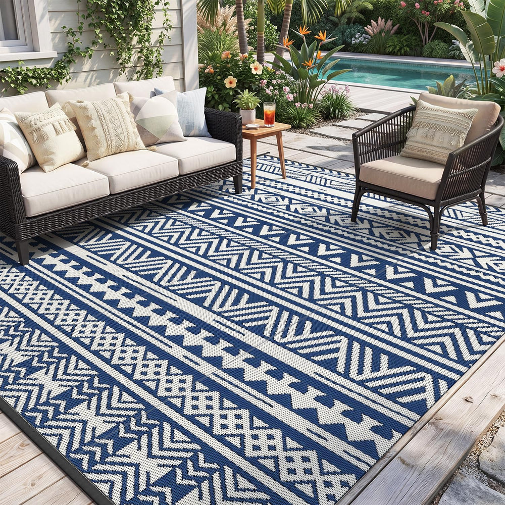 MontVoo Outdoor Rug 8x10 rectangular blue design front view