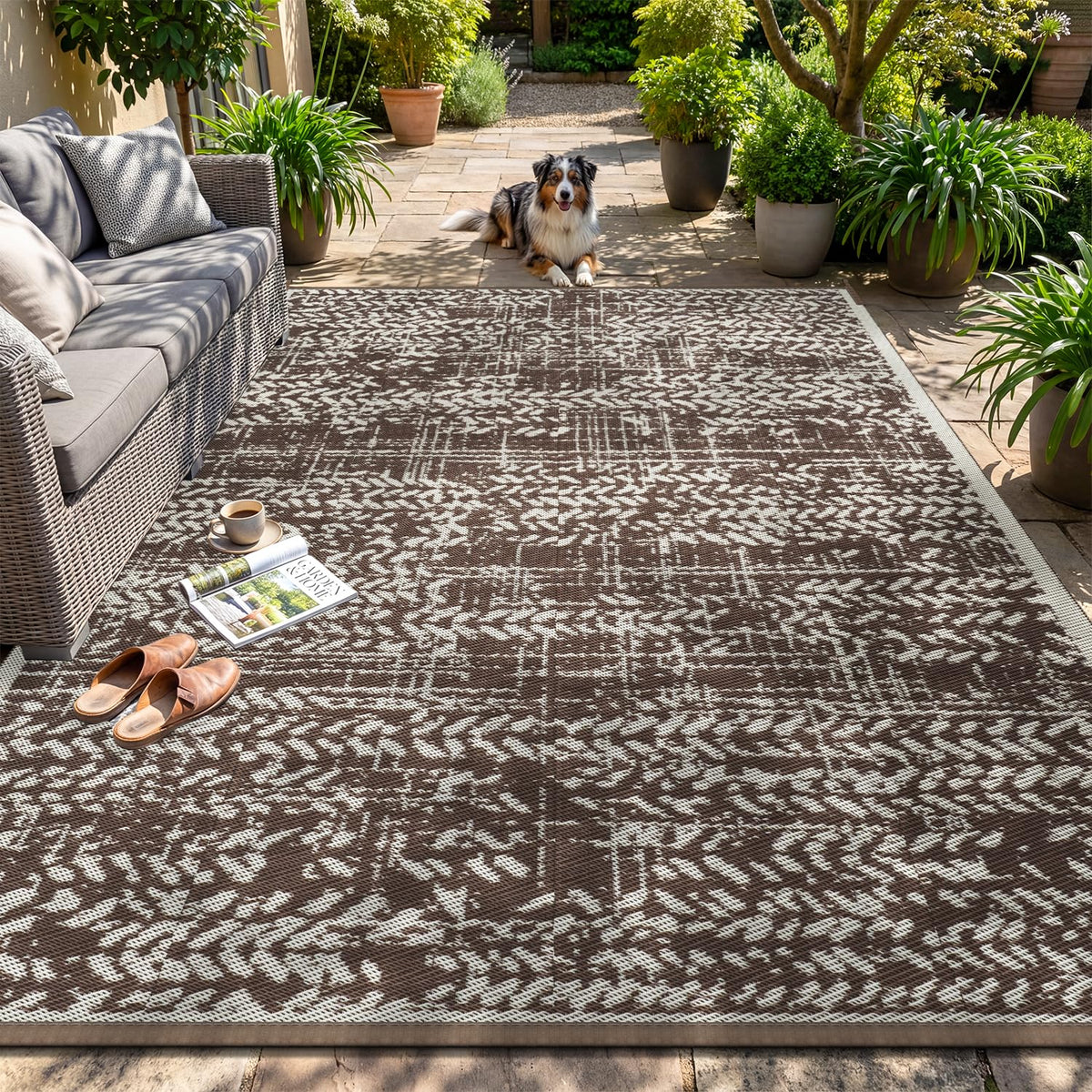 MontVoo Outdoor Rug 8x10 waterproof brown front view