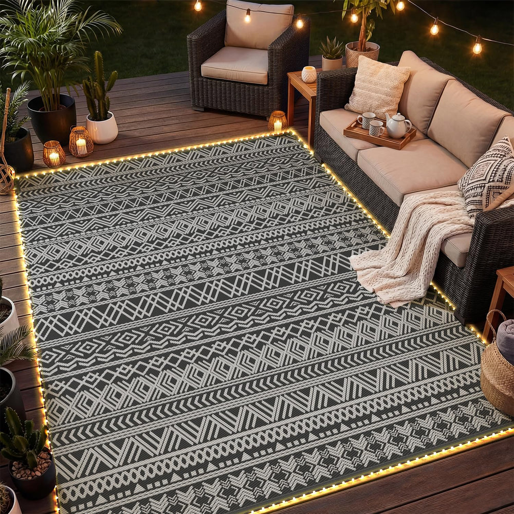 MontVoo Outdoor Rug 9x12 ft with LED strip lights front view