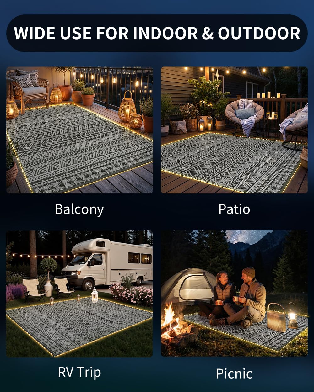 MontVoo Outdoor Rug with LED lights during evening