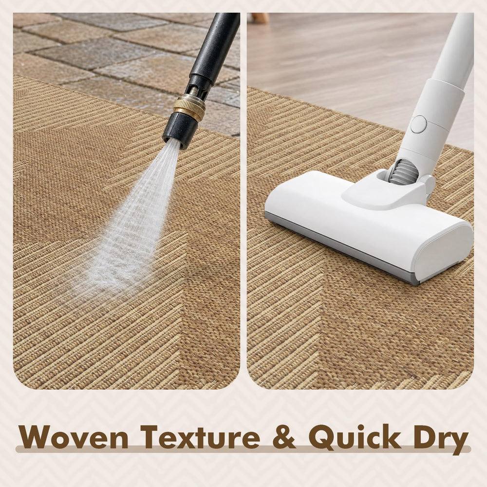 MontVoo Outdoor Rug with wooden furniture