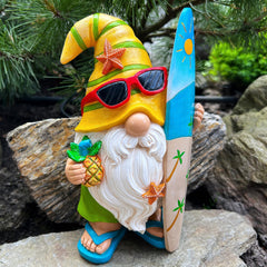 Mood Lab Surfer Gnome figurine on a garden patio