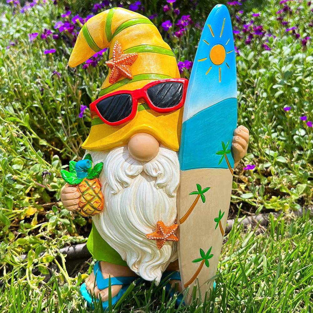 Mood Lab Surfer Gnome in a garden setting