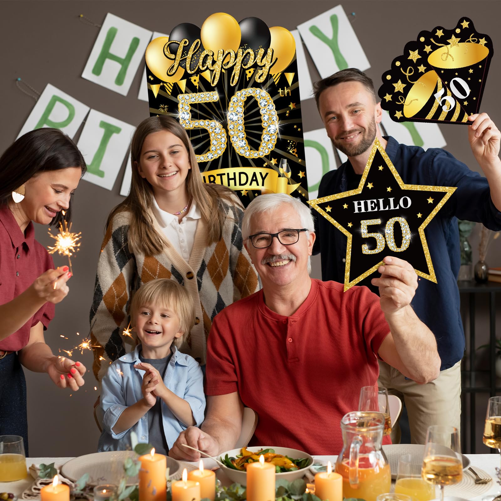 MOORAY 50th birthday sign with birthday cake and fireworks decor