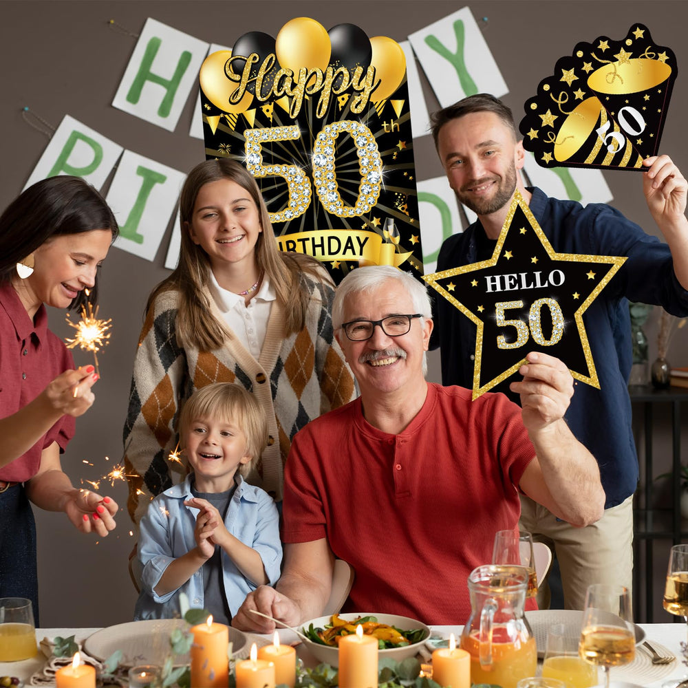 MOORAY 50th birthday sign with birthday cake and fireworks decor
