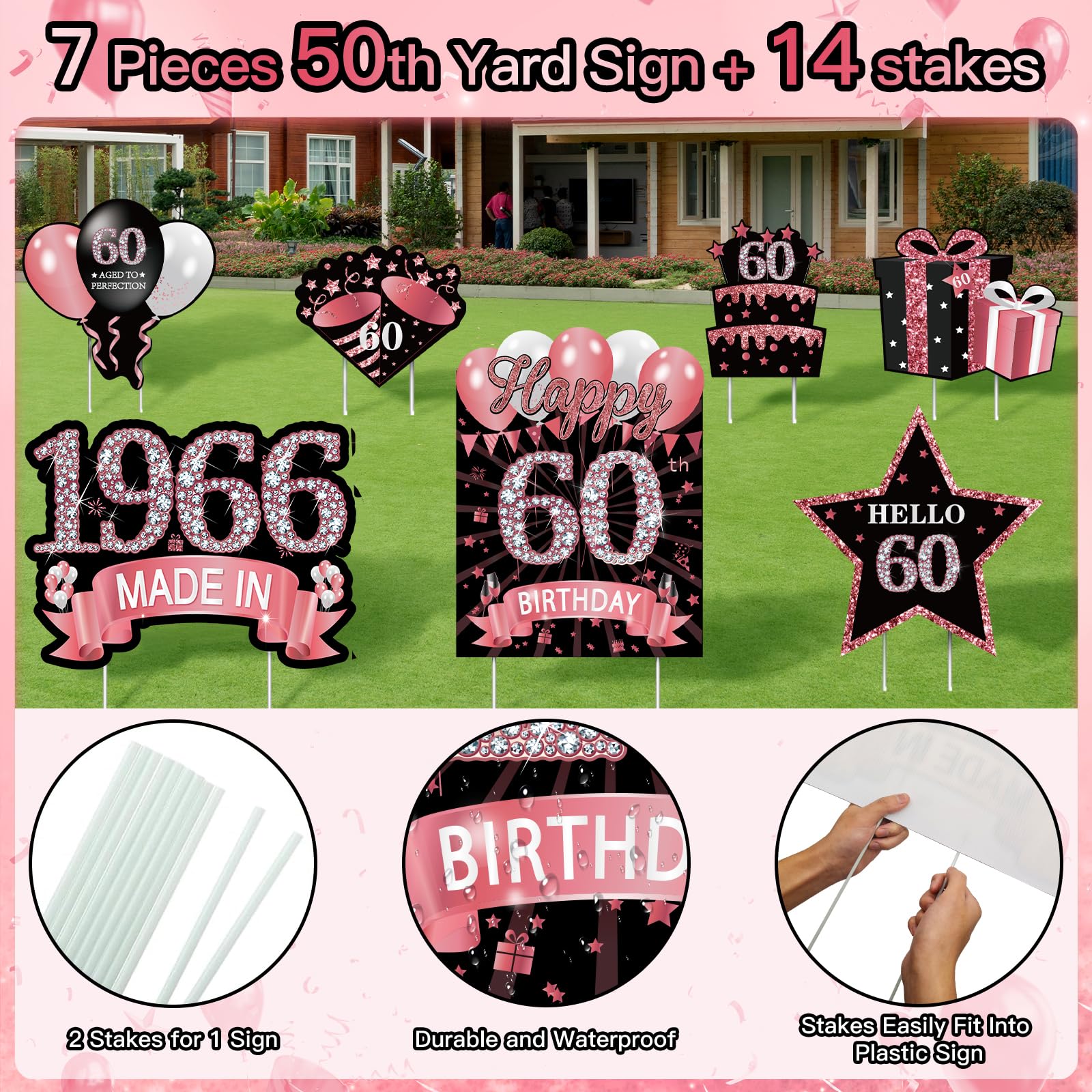 MOORAY 60th birthday yard signs in a garden setting during a party