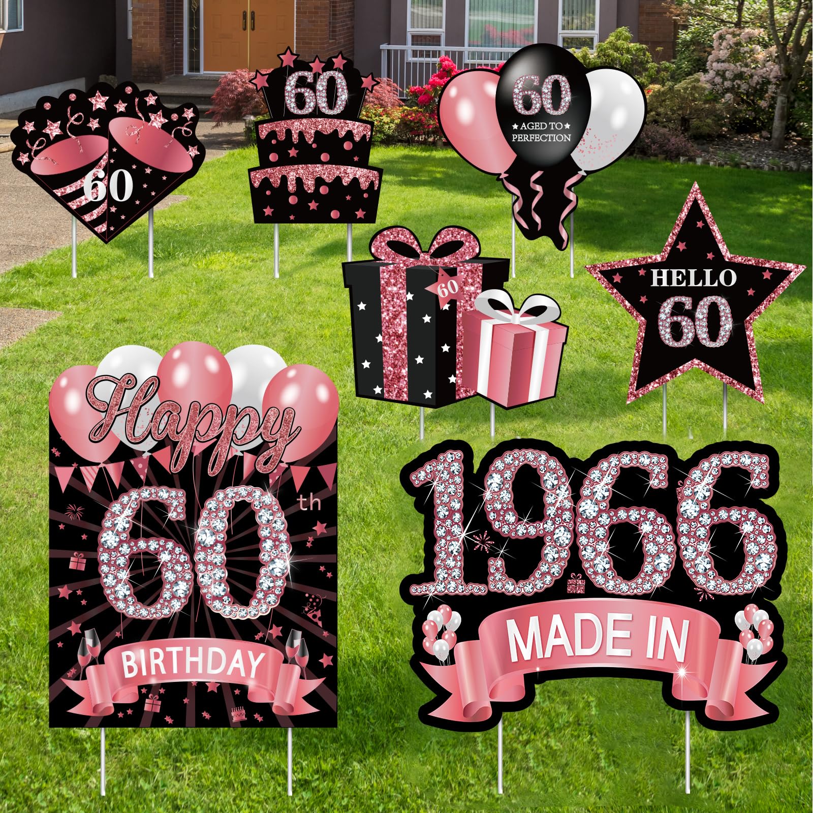 MOORAY 7Pcs Rose Gold 60th Birthday Yard Sign Set with various designs