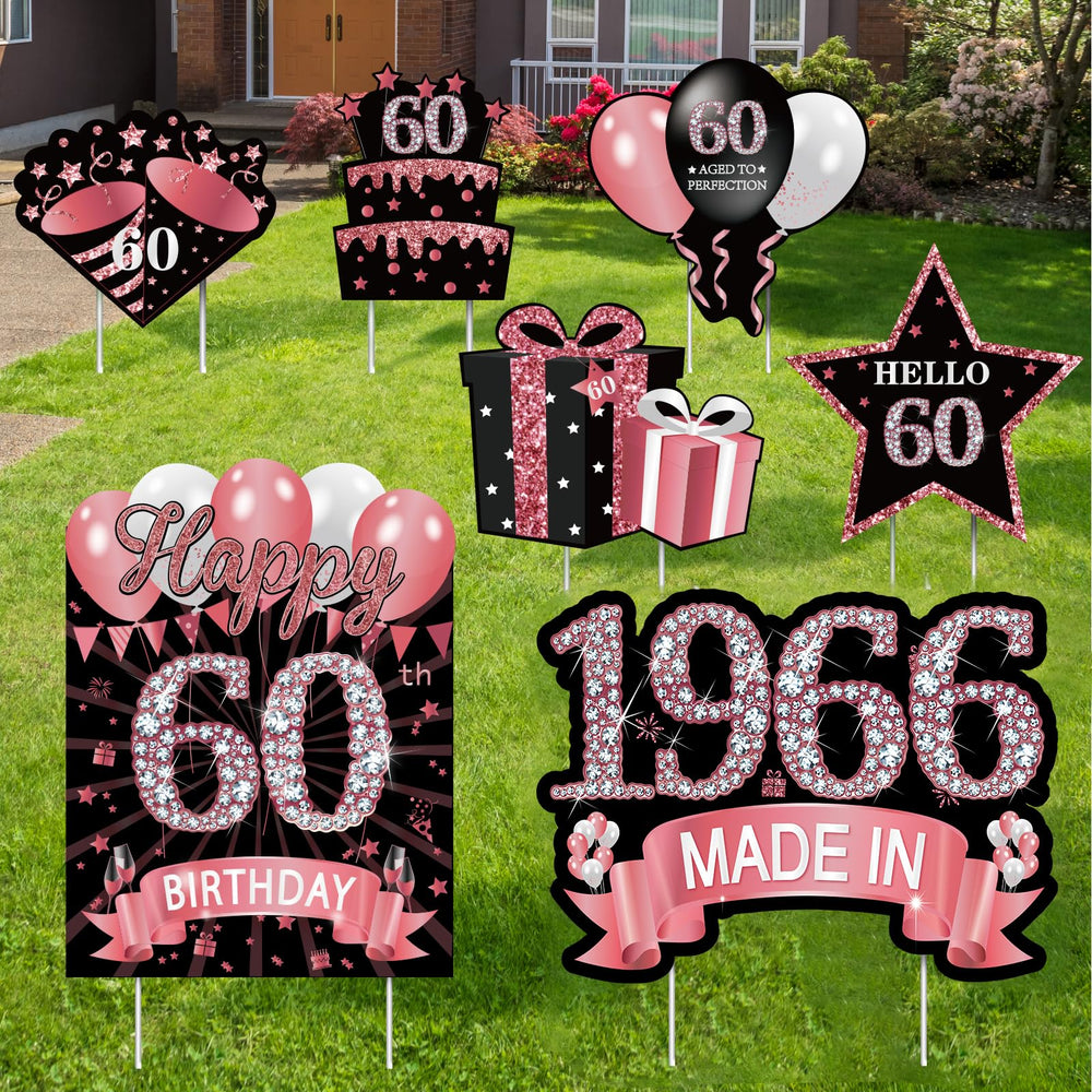 MOORAY 7Pcs Rose Gold 60th Birthday Yard Sign Set with various designs
