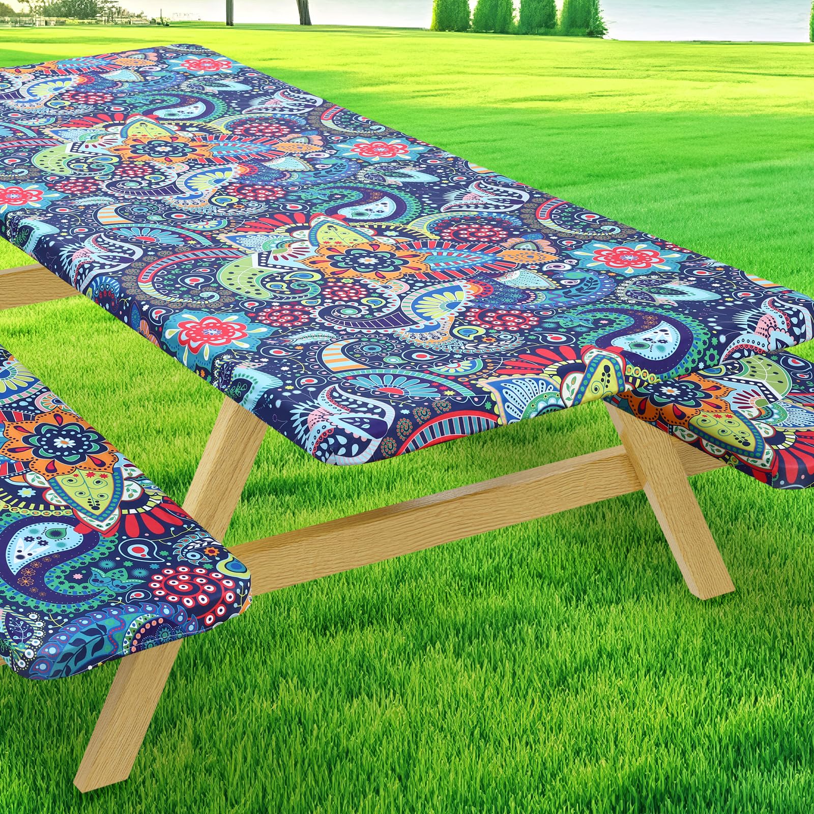 Moosfor 6ft fitted picnic table cover blue and orange front view