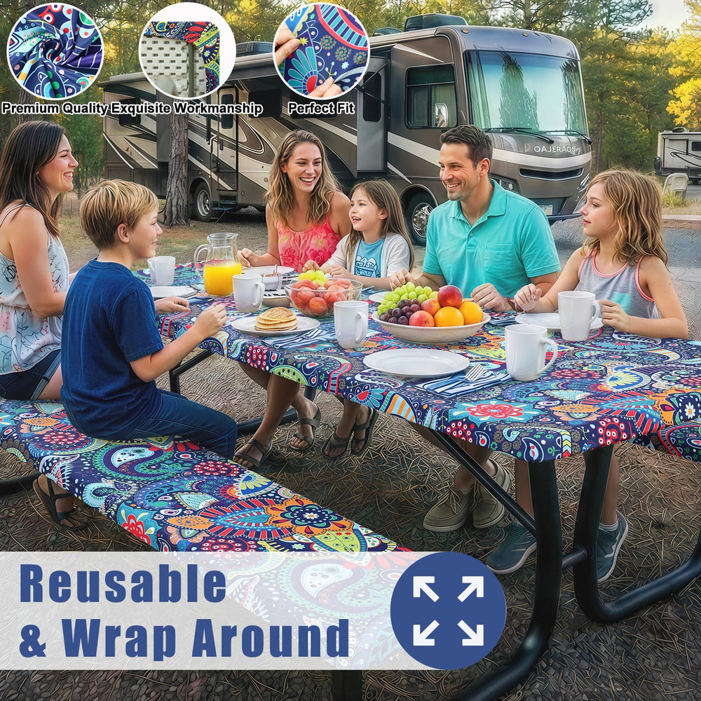 Moosfor spandex picnic table cover laid flat on table