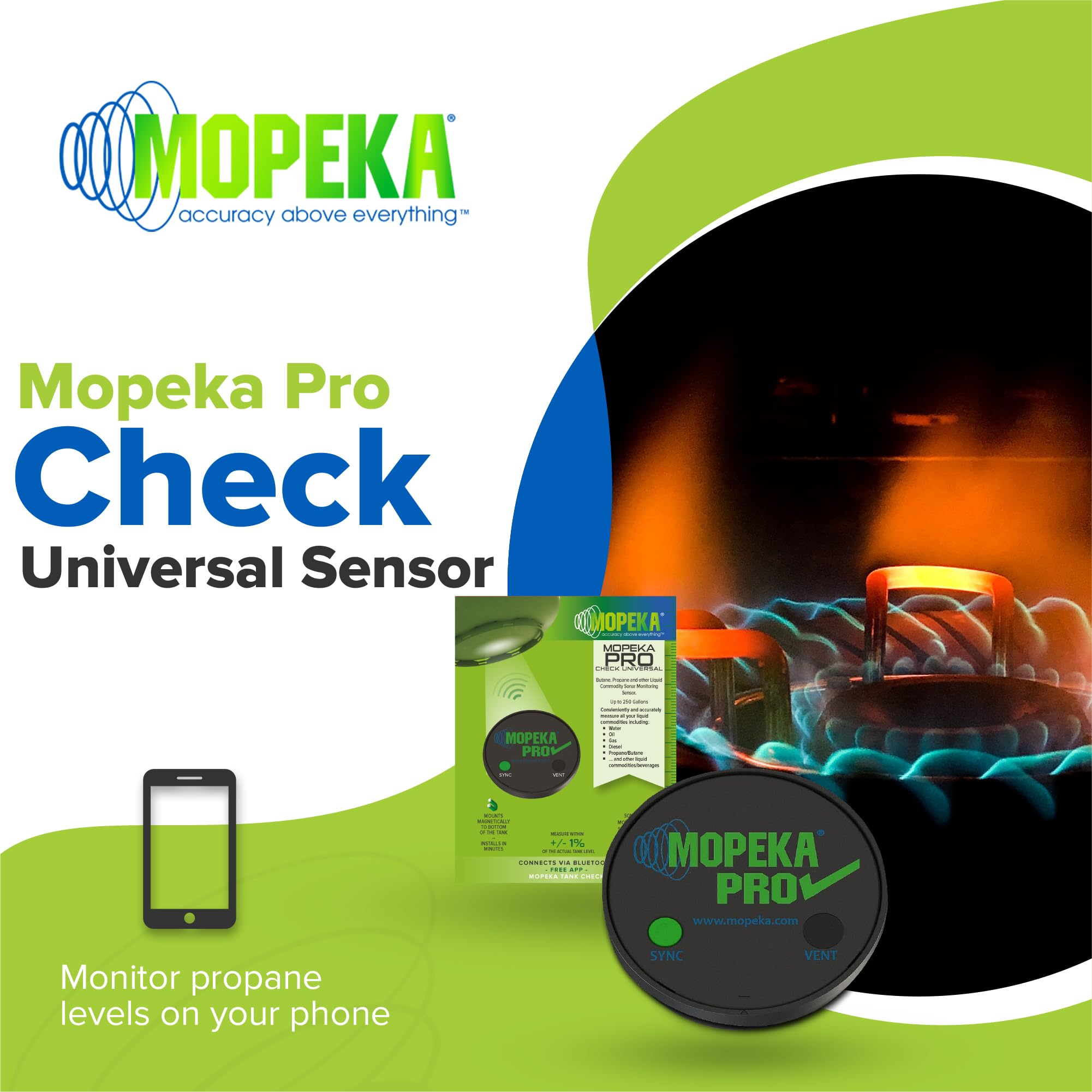 Mopeka Pro Check Sensor showing battery and setup