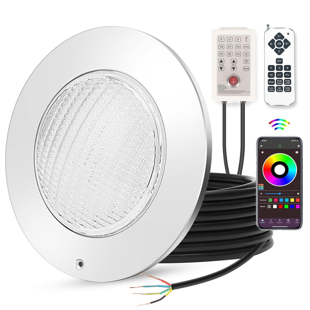 Mopzlink 10 Inch RGB LED Pool Light front view with remote control
