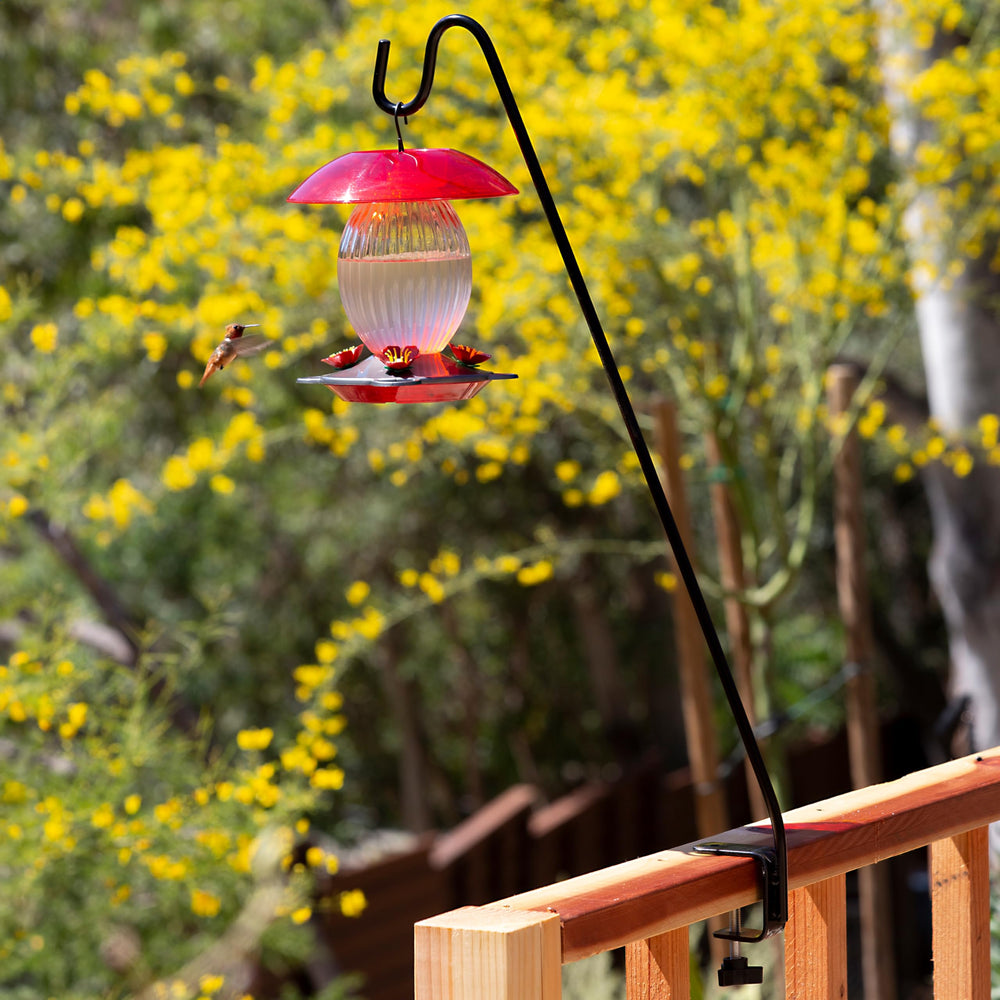 More Birds deck hook clamped on a wooden deck railing