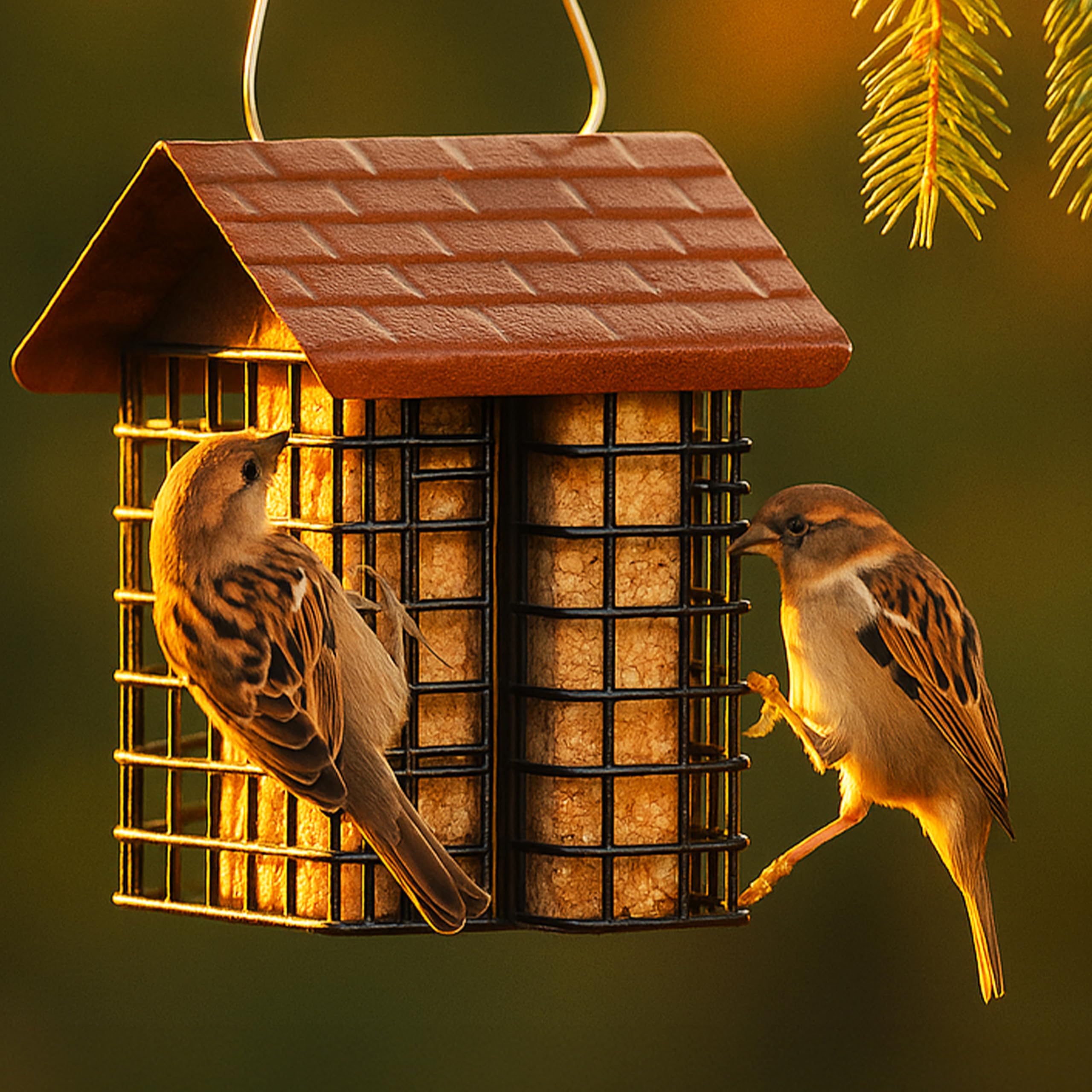 More Birds Double Suet Cake Feeder on a patio with birds feeding