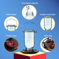 More Birds Mason Jar Hummingbird Feeder filled with nectar