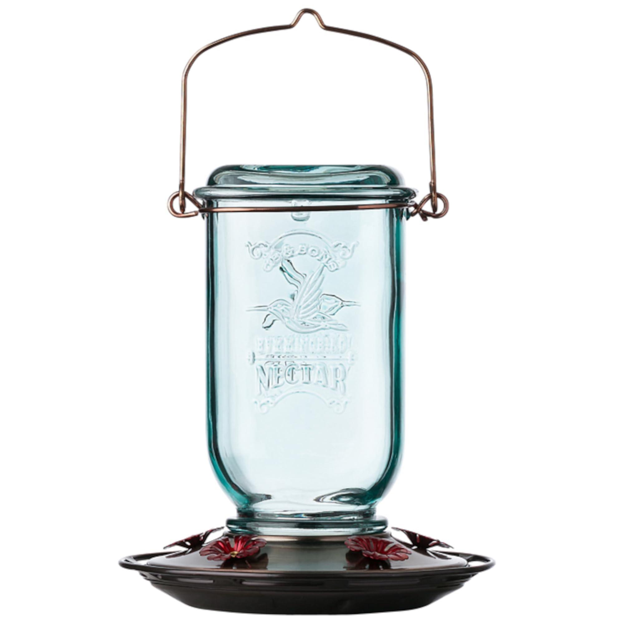 More Birds Mason Jar Hummingbird Feeder front view with aqua-tinted glass