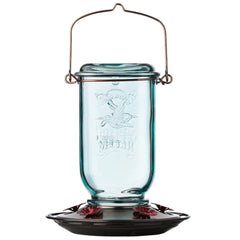 More Birds Mason Jar Hummingbird Feeder front view with aqua-tinted glass