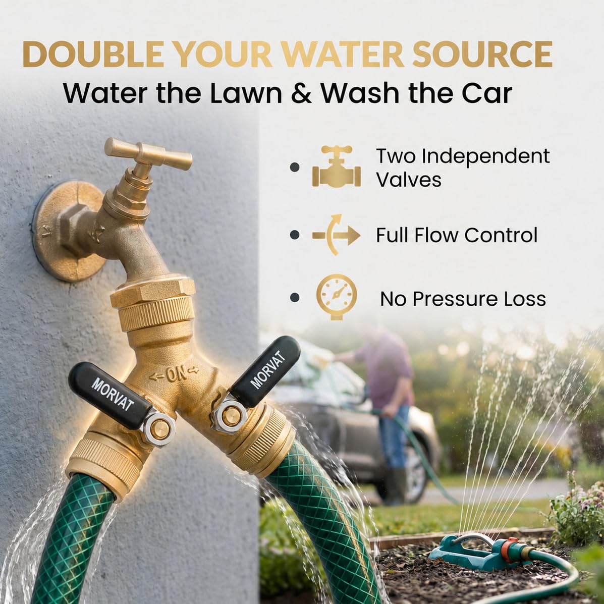 Morvat Brass 2-Way Y Splitter attached to garden hose