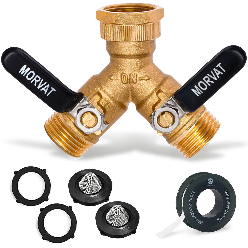 Morvat Brass 2-Way Y Splitter front view with dual valves