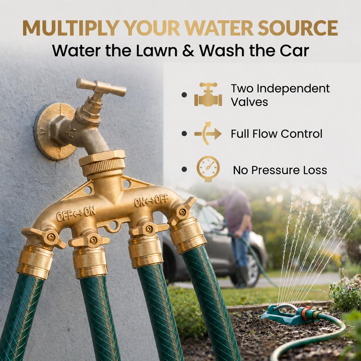 Morvat Brass 4-Way Hose Splitter in use with garden hose