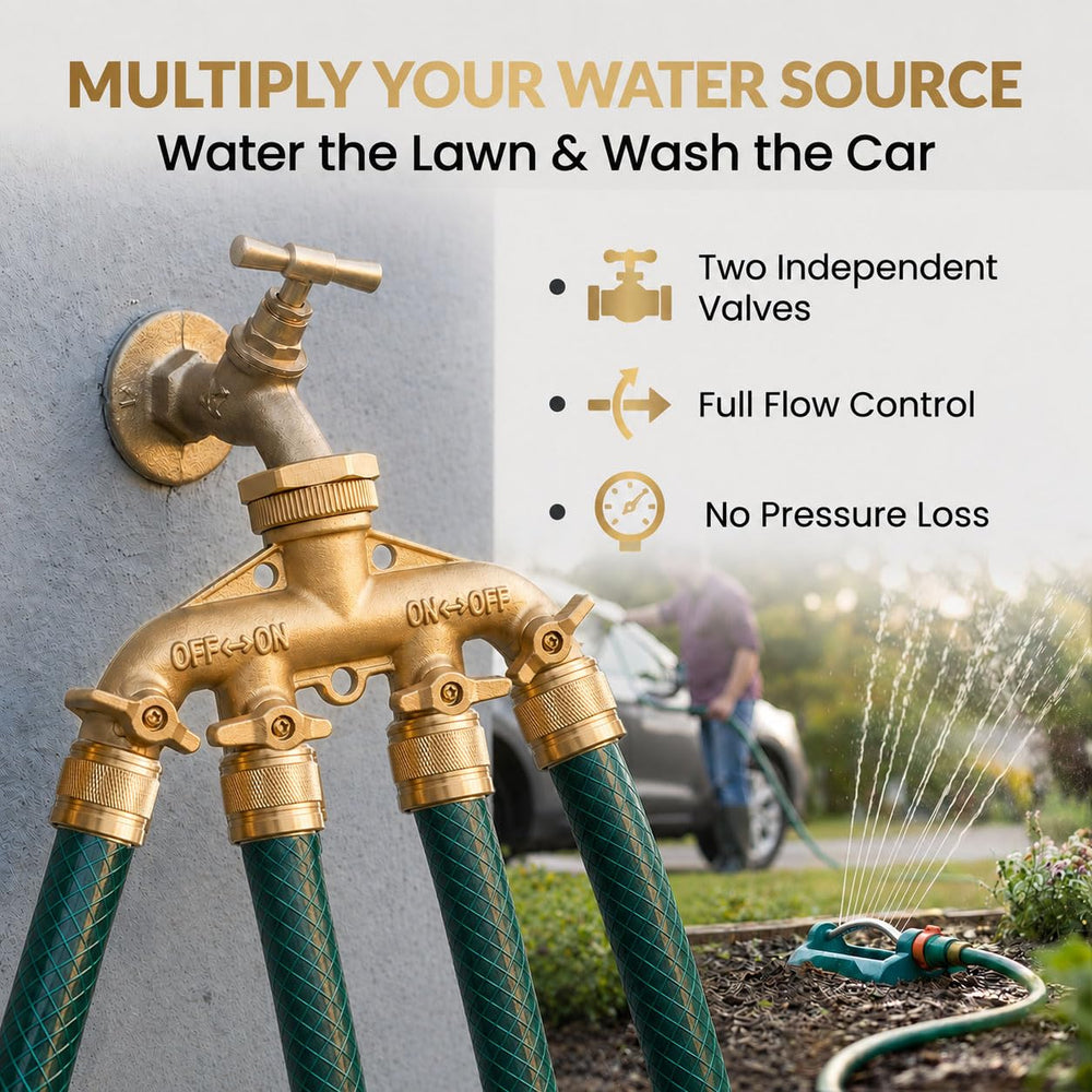 Morvat Brass 4-Way Hose Splitter in use with garden hose