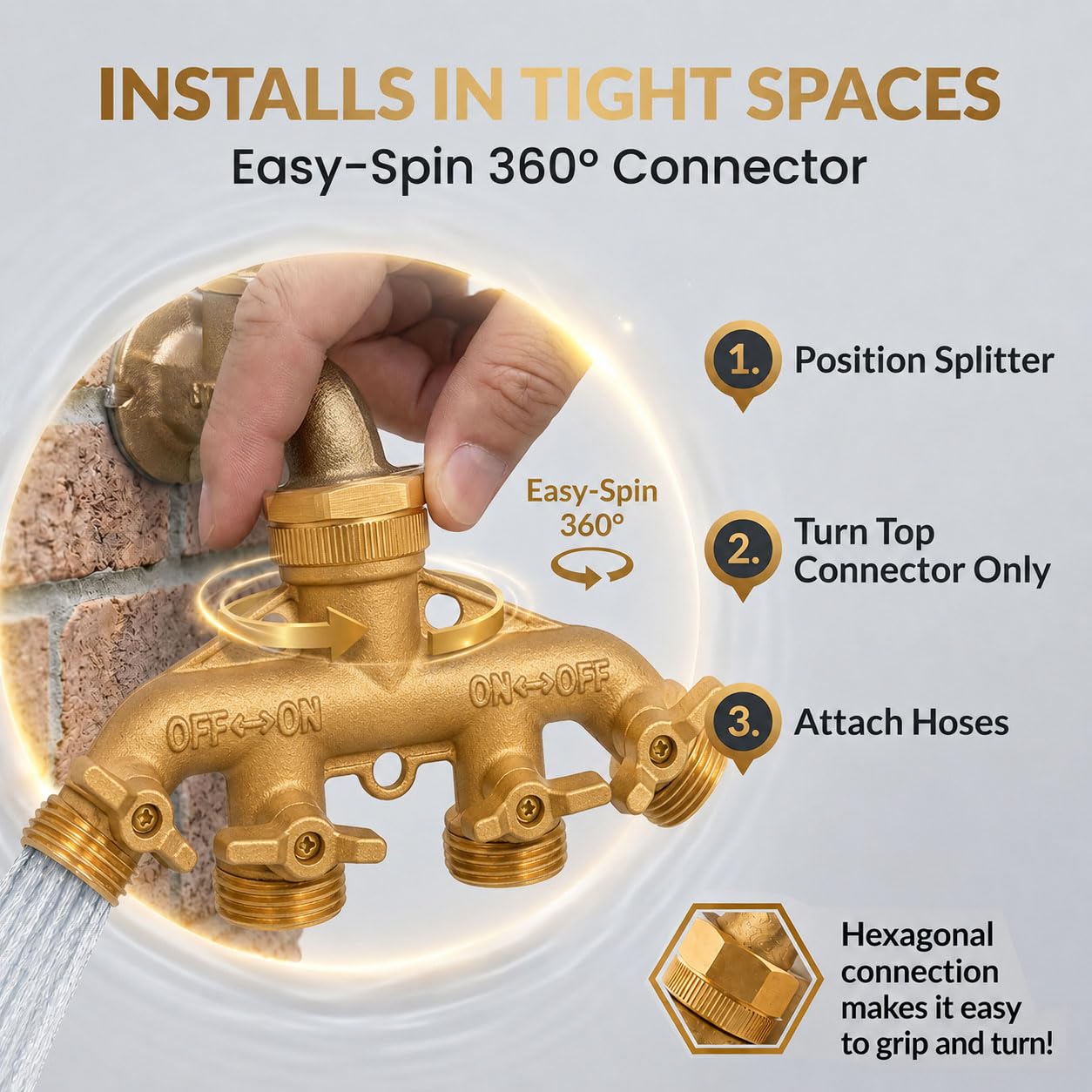 Morvat Brass 4-Way Hose Splitter side view with valves