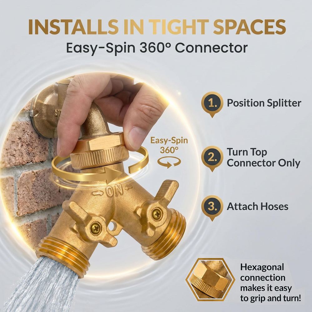 Morvat Brass Garden Hose Splitter showing dual valves